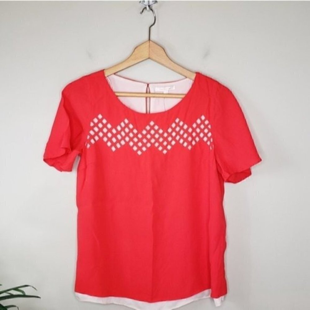 NWT Skies Are Blue Petite Red-Orange Laser Cut Layered Blouse Size XSP Office